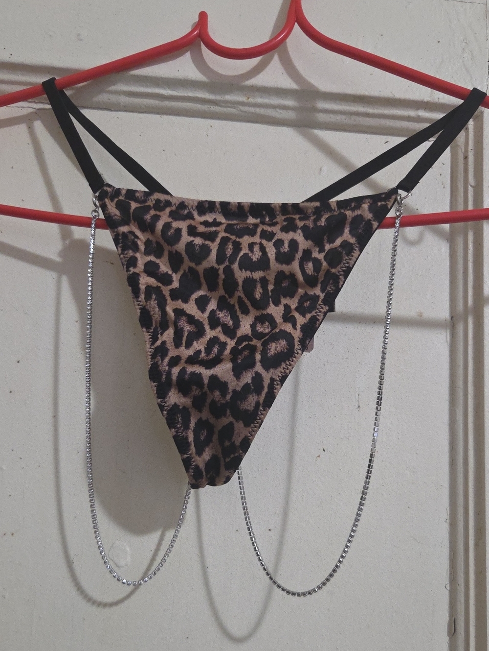 Victoria's Secret Leopard Print Thong with Black Straps and Silver Chains